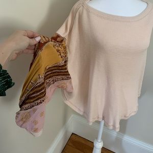 Free people pink waffle top with balloon scarf sleeve xs